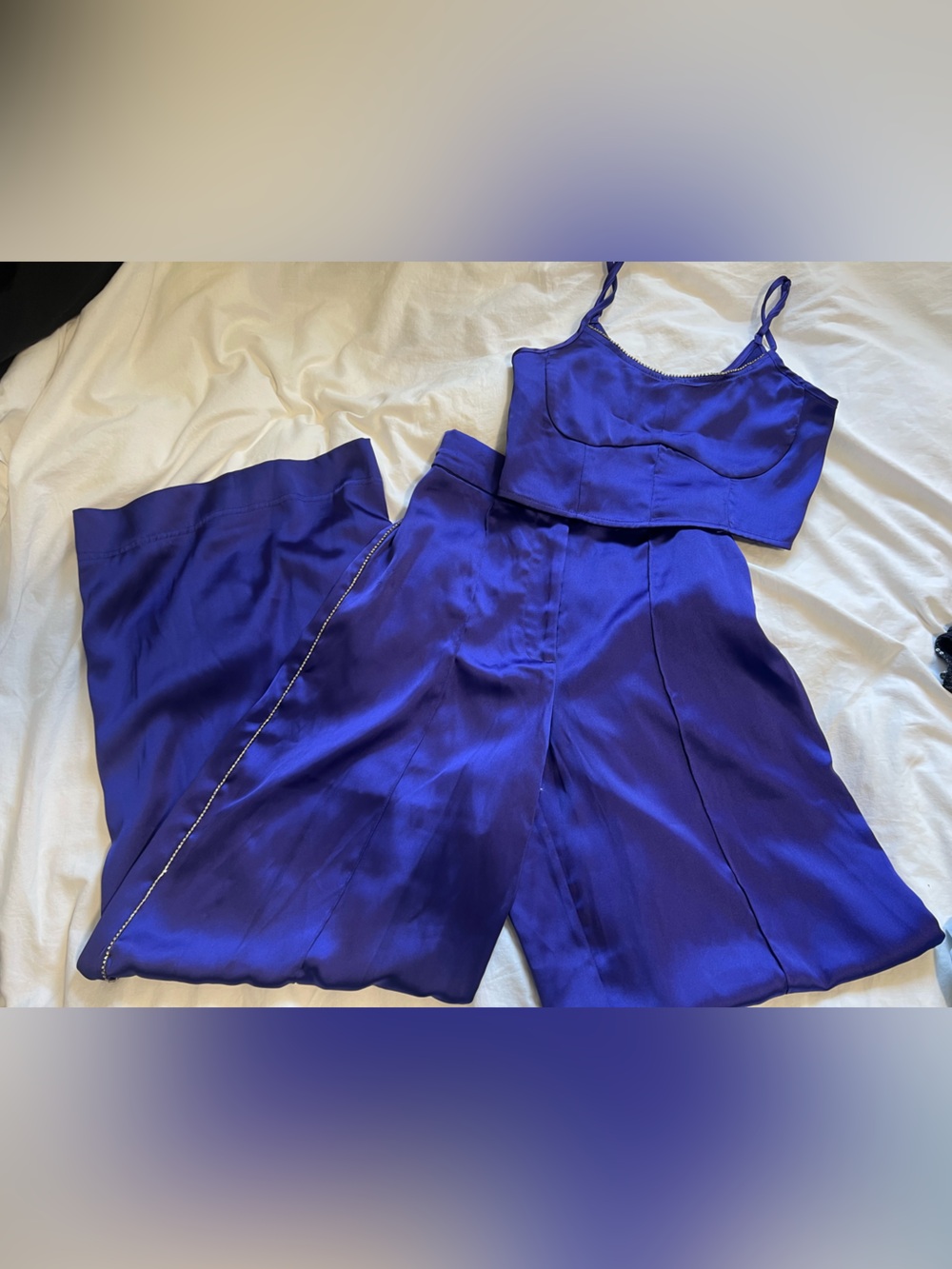 House of Harlow Purple Satin Wide Leg Pants & Crop Top Rhinestone Set